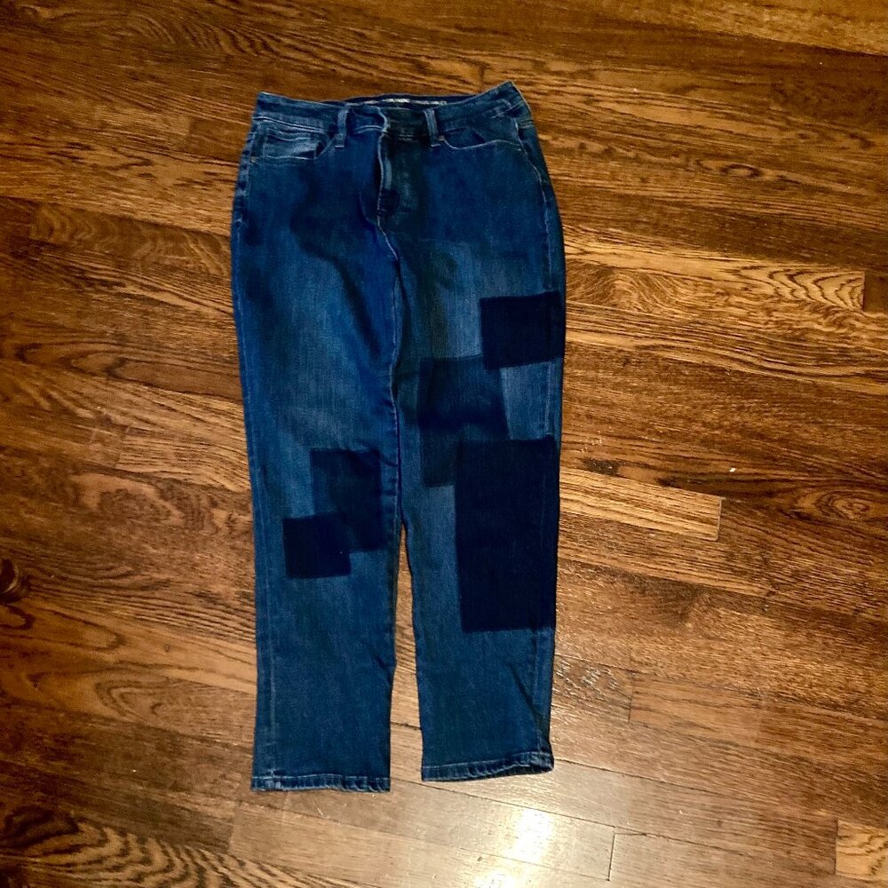 Chico's Perfect Stretch Girlfriend Slim Leg Ankle Patchwork Jeans, Size 8